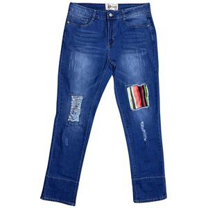 L&B Womens Jeans Serape Inlay Patches‎ Distressed Cuffed Blue Denim Sz 14 Grunge